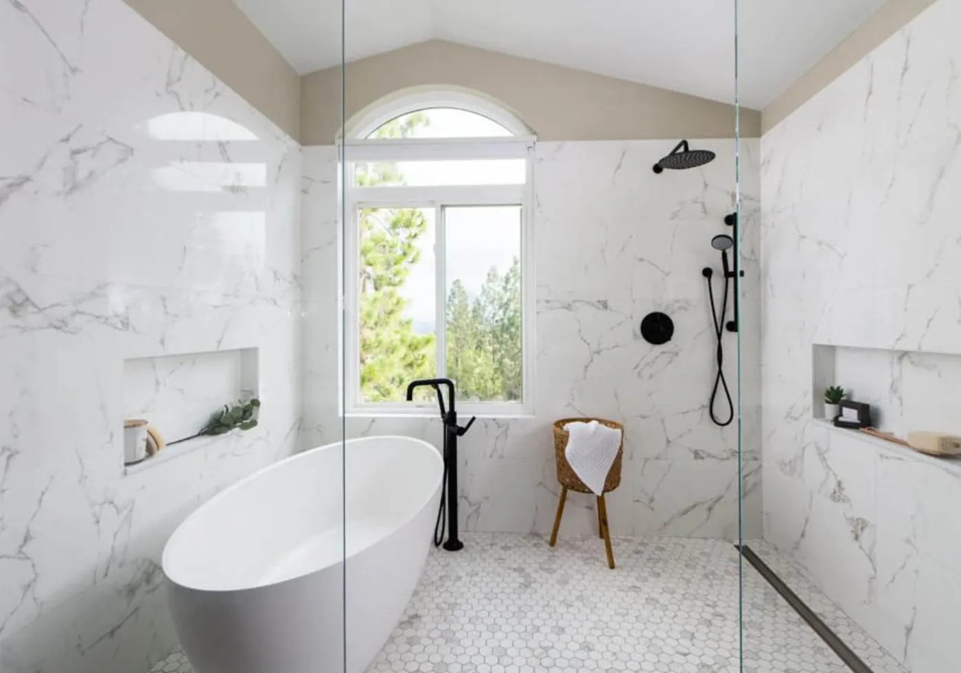 Display wall of backsplash, bathroom, and floor tile options